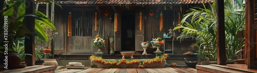 A traditional Thai house adorned with jasmine garlands and water bowls