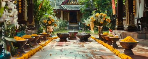 A traditional Thai setting for Songkran complete with jasmine garlands and water bowls photo