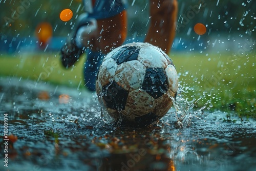 An action shot of a soccer ball being kicked on a wet field, capturing the energy and passion of the sport © Larisa AI