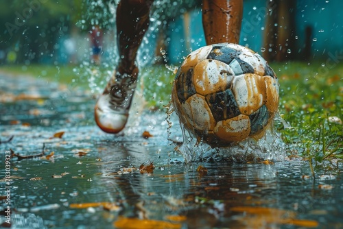 Vivid image of a soccer ball splashing through puddles, illustrating the unstoppable spirit of outdoor sports