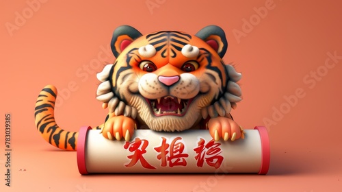 In Chinese, wishing you a happy new year is written on the banner of the 2022 Year of The Tiger.