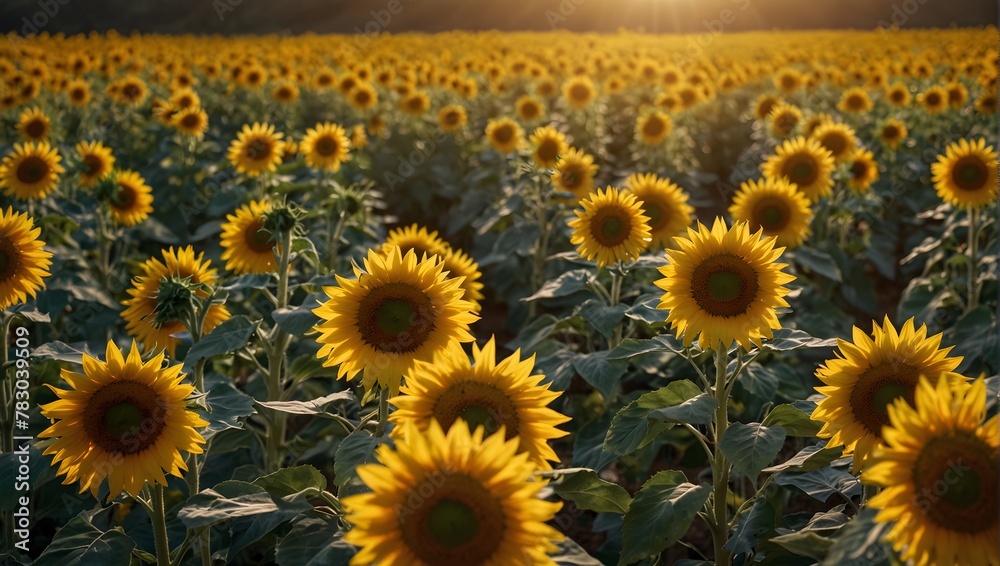 Fototapeta premium Fields of bright yellow sunflowers turning their faces to follow the journey of the sun Generative AI