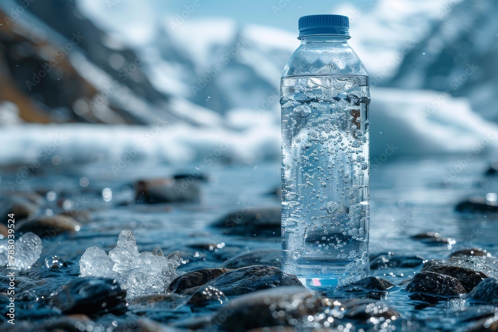 This image depicts a clear plastic water bottle with a blue cap, standing among rocks in a cold mountain river with snowy peaks in the background This image depicts a clear plastic water bottle with a blue cap, standing among rocks in a cold mountain river with snowy peaks in the background