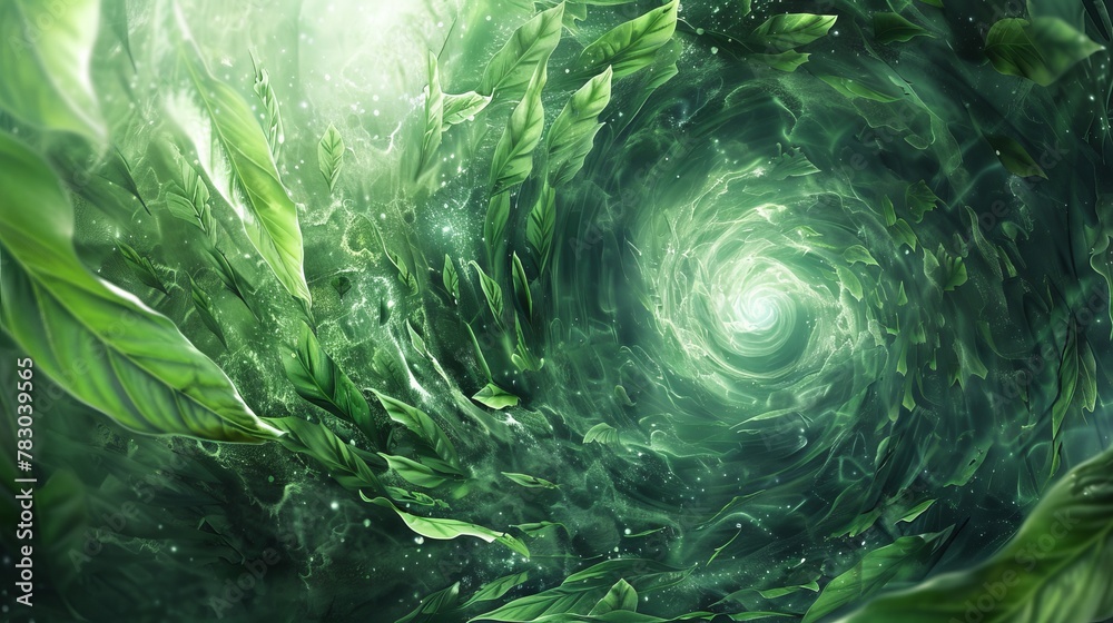 Abstract representation of a green mind with leaves swirling in a vortex, symbolizing dynamic thought processes Abstract representation of a green mind with leaves swirling in a vortex, symbolizing dynamic thought processes