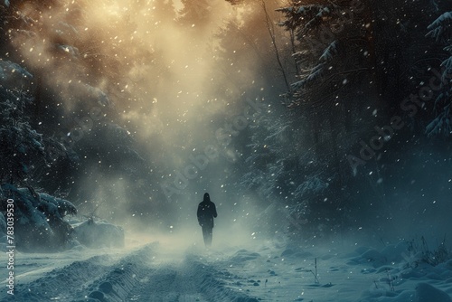 Winter Wilderness: Lone Hiker Braving the Blizzard photo