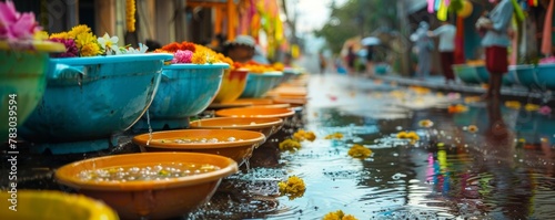 A vibrant street during Songkran bowls of water and jasmine garlands line the path