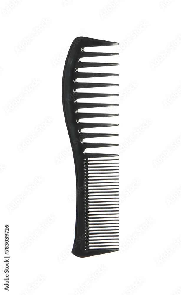 Hairdresser tool. Black hair comb isolated on white