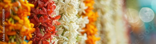 Close-up of jasmine garlands delicately crafted for Songkran symbolizing purity photo