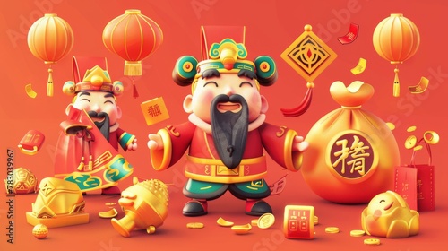 Graphics pack with Chinese New Year fortunes elements  including gold ingots  coins  lucky bags  and a god of wealth with blessings written on them