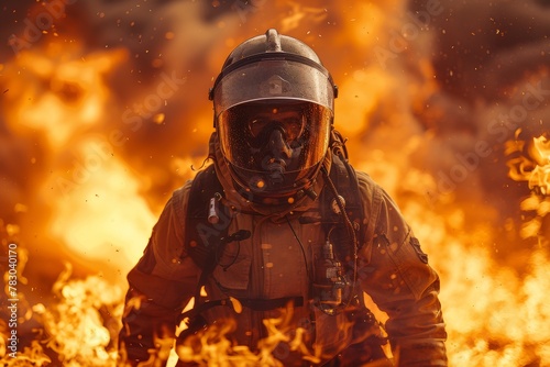 A firefighter, viewed from behind, faces a backdrop of intense flames in protective gear, symbolizing bravery and risk in the line of duty