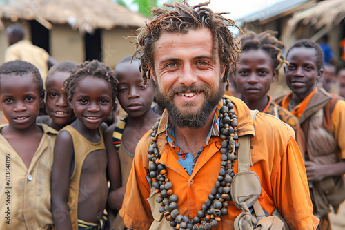 Volunteer worker smiling with local children in village