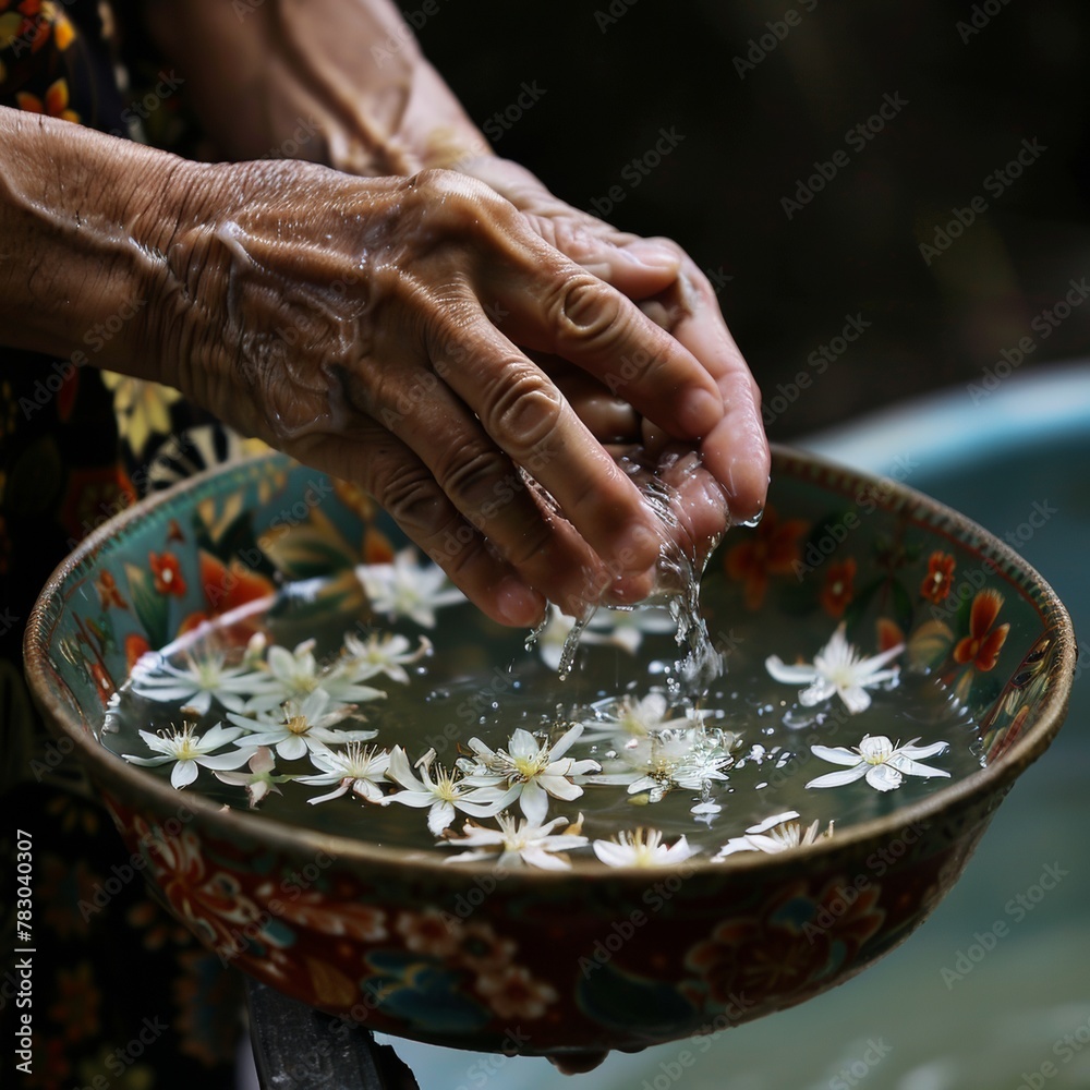 Obraz premium Elderly hands welcoming water from a jasmine adorned bowl