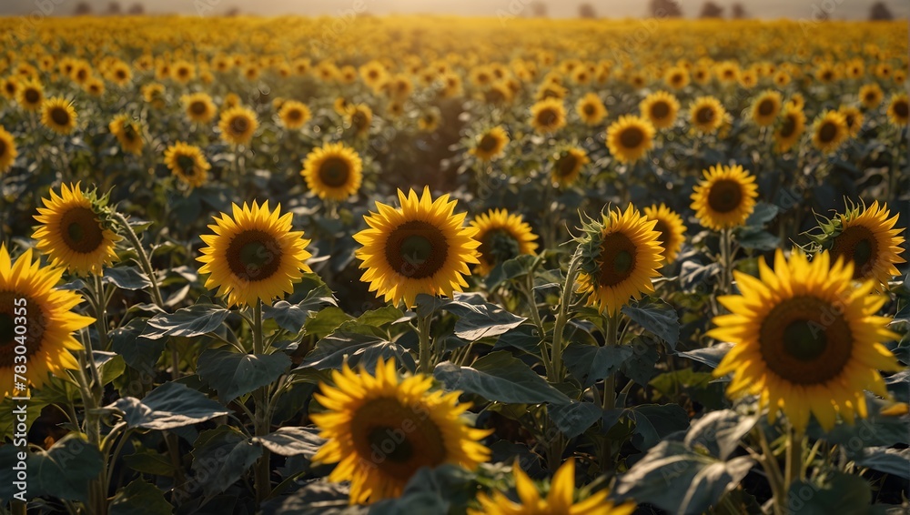 Fototapeta premium Fields of bright yellow sunflowers turning their faces to follow the journey of the sun Generative AI