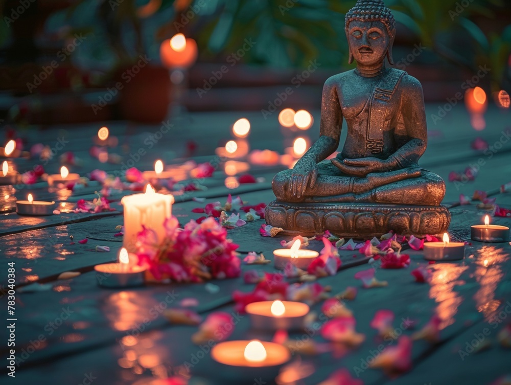 Glowing candles and jasmine garlands around a Buddha statue at dusk Glowing candles and jasmine garlands around a Buddha statue at dusk
