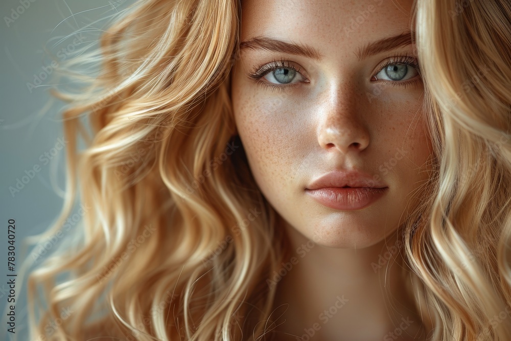 A meticulously captured portrait of a blonde woman with vivid blue eyes and a gentle demeanor A meticulously captured portrait of a blonde woman with vivid blue eyes and a gentle demeanor