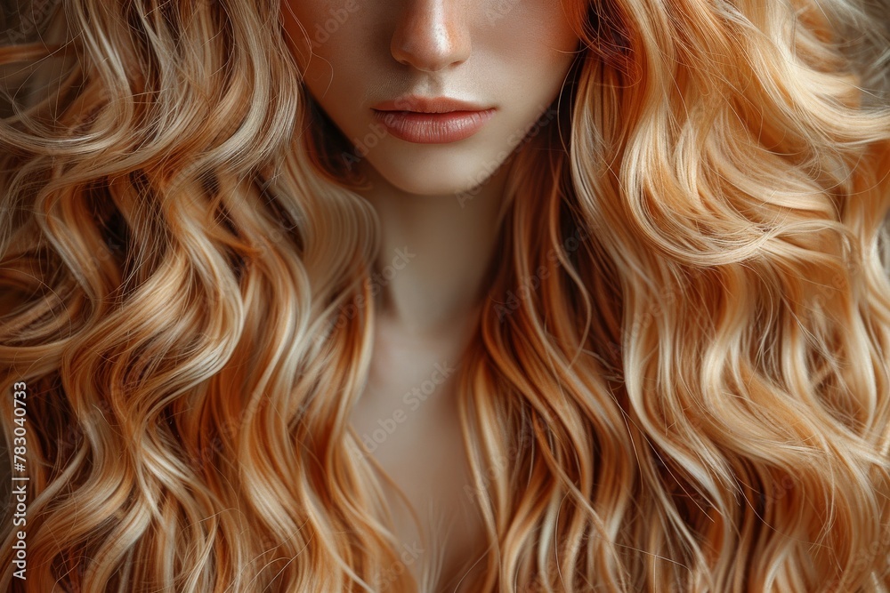 A detailed showcase of abundant curly blonde hair, rich in texture, dominating the frame with face blurred A detailed showcase of abundant curly blonde hair, rich in texture, dominating the frame with face blurred