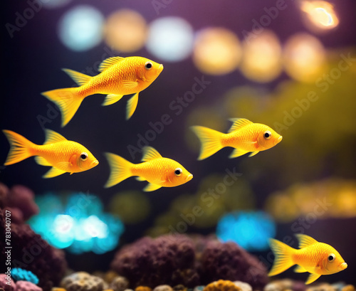 A group of yellow fish swimming in an aquarium.