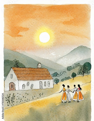 summer rural landscape with a houses and dancing people in the field photo