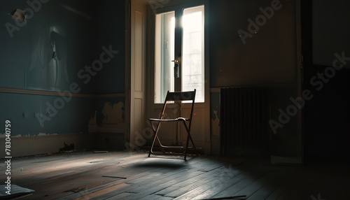 An eerily quiet room with an overturned chair subtly suggests the aftermath of an altercation - pointing towards domestic strife lurking in the shadows -wide photo