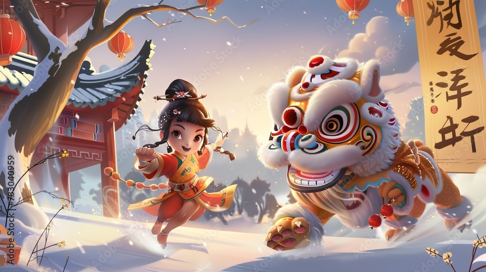 An Asian girl holds a lion dance head puppet behind a tiger carrying a Chinese greeting card for Chinese New Year.