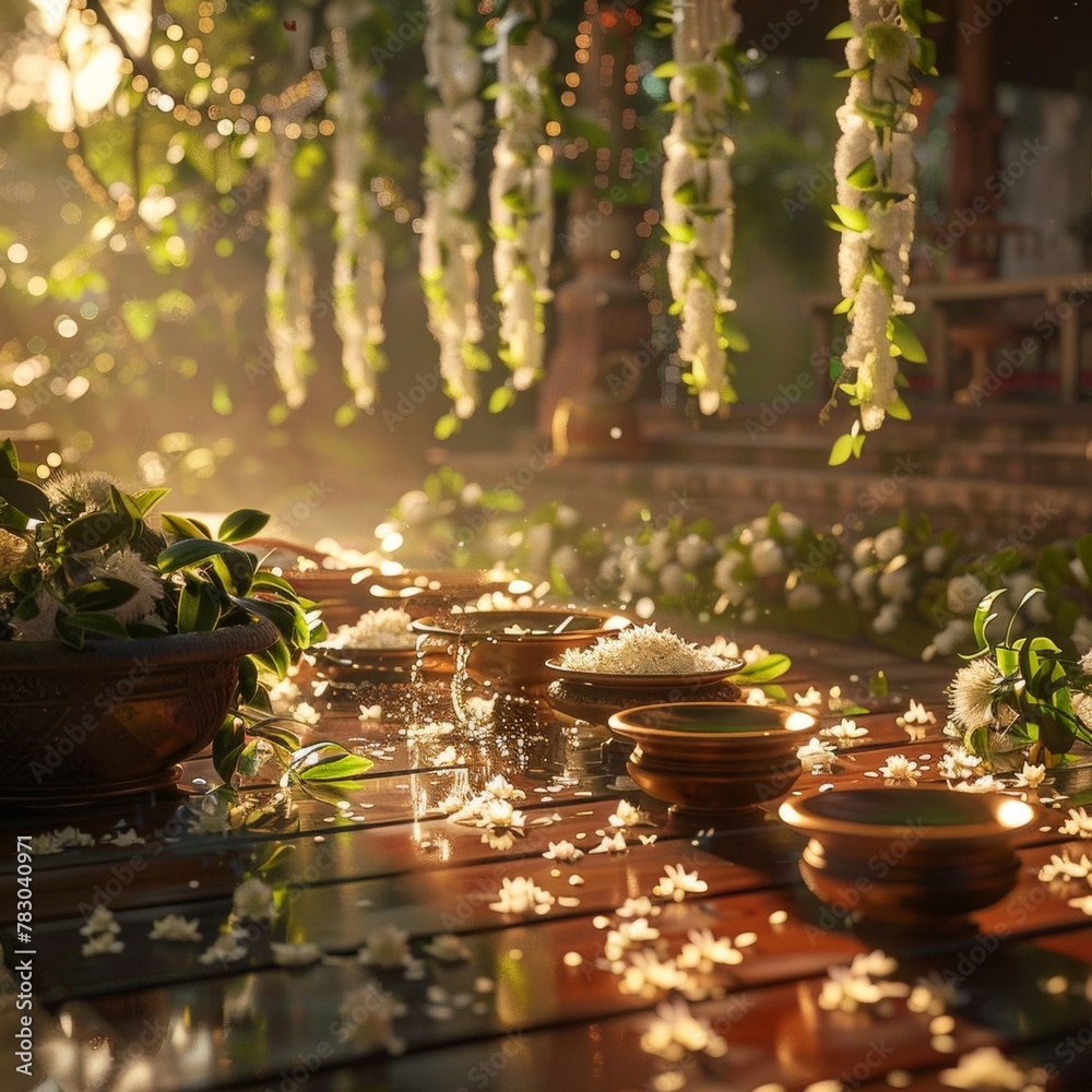 Fototapeta premium Morning light illuminates a Songkran setting