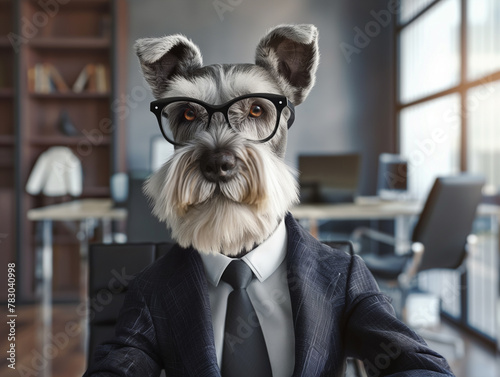 Dog manager and executive wearing a formal business suit with tie in office for a meeting or interview. Business and Corporate. Finance and Lawyer. Thinking ideas. Success and win. Looking at camera.	