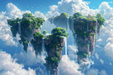 Illustrate a dreamlike sleeping alcove perched atop a cluster of floating islands, where cascading waterfalls and verdant flora create a serene oasis in the sky