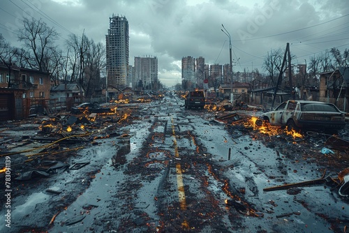 A haunting vision of a post-apocalyptic cityscape strewn with wreckage, flames, and abandoned cars sparking fear and desolation