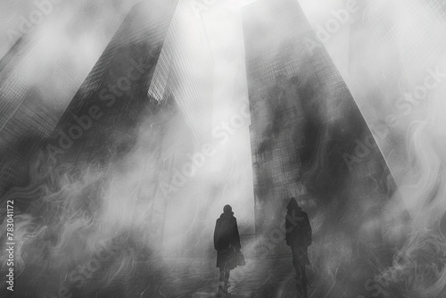 Lost in a sea of gray: Businessmen struggle through thick fog in a deserted cityscape, depicting the isolation and hardships faced in the pursuit of wealth. photo