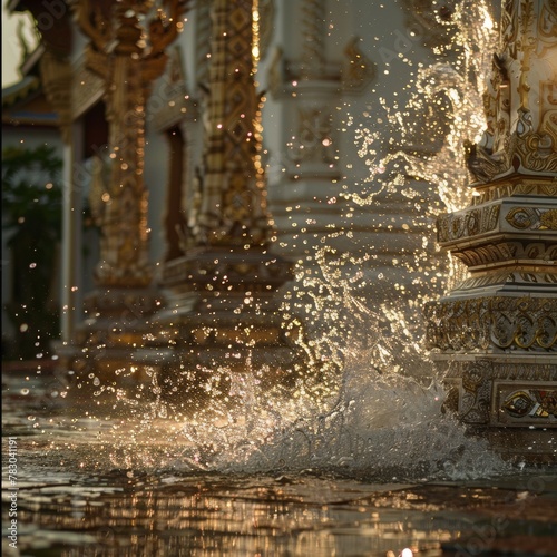 Refreshing splashes of water against the backdrop of a sunlit temple