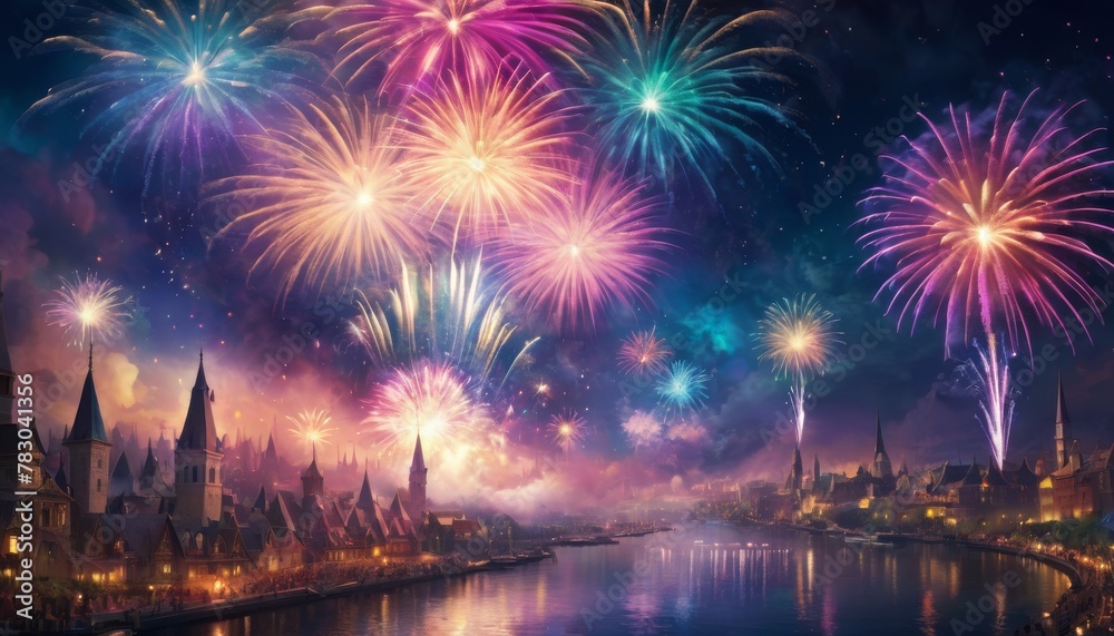 A spectacular fireworks display bursts in colorful splendor above an old town by the river, radiating celebration. AI Generation