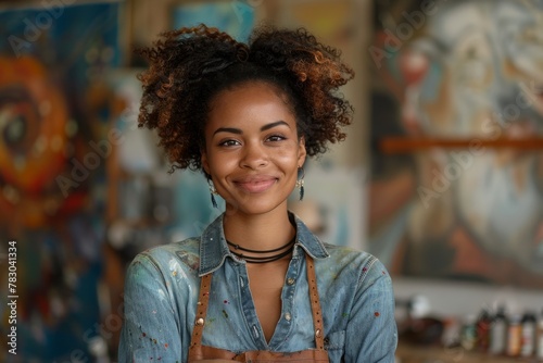 A joyful artist stands in her paint-splattered studio, exuding confidence and creativity with a bright smile