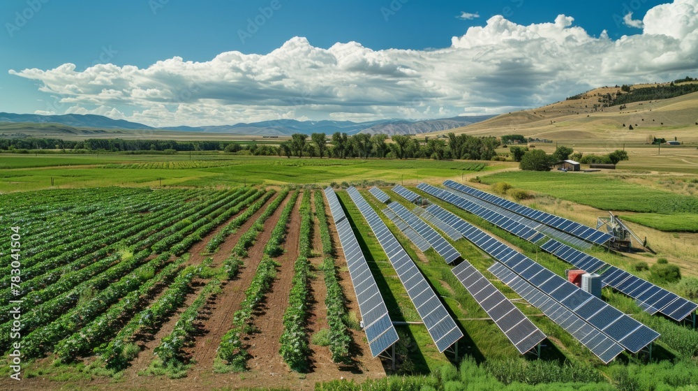 Solar panels line the fields, powering irrigation pumps and farm equipment, showcasing sustainable energy solutions for agriculture in remote areas.