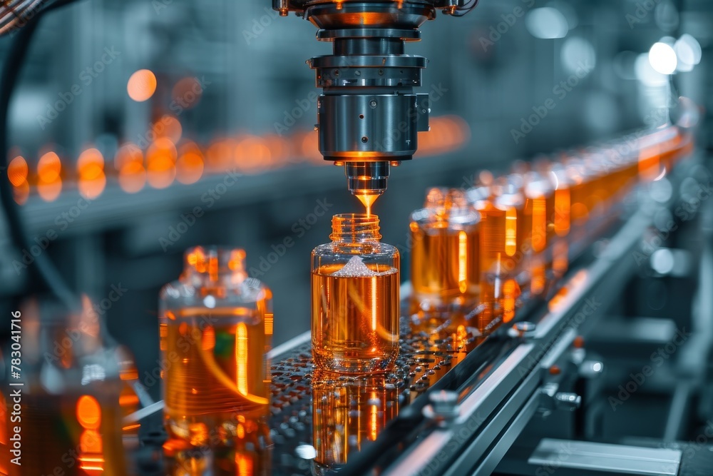 Precision machinery filling bottles with liquid on an automated production line, demonstrating modern industrial efficiency Precision machinery filling bottles with liquid on an automated production line, demonstrating modern industrial efficiency