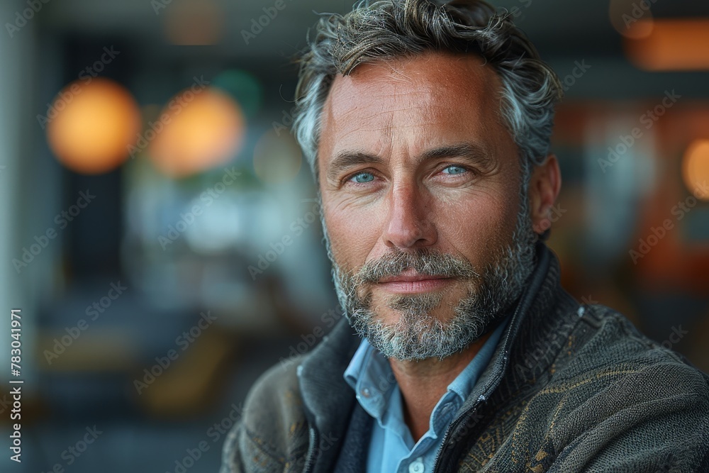 A close-up of a distinguished looking mature man with striking gray hair and a light stubble, radiating confidence A close-up of a distinguished looking mature man with striking gray hair and a light stubble, radiating confidence