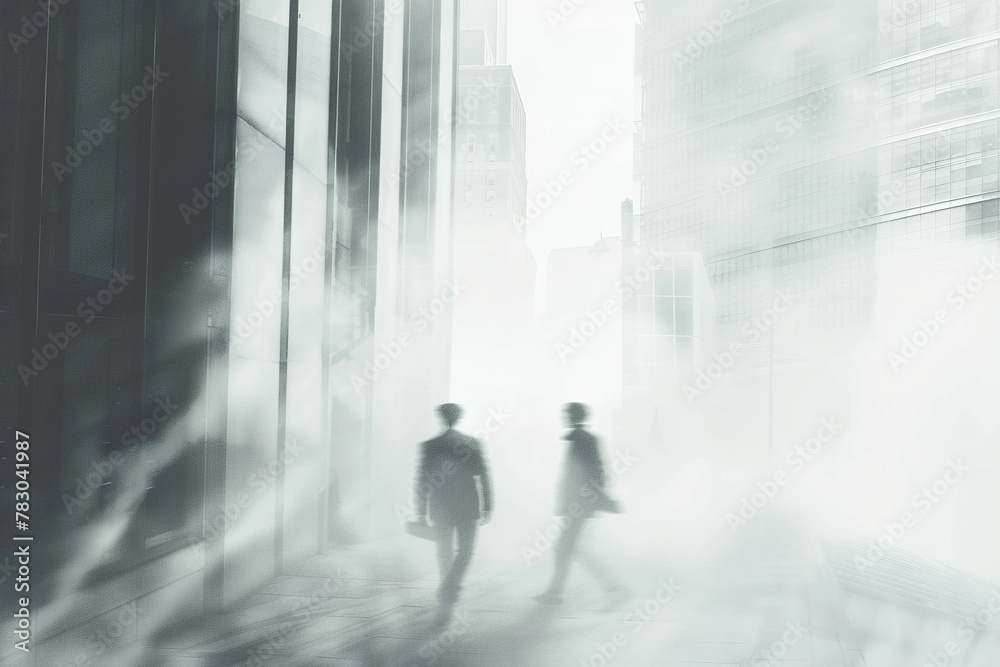 Fototapeta premium Disoriented businessmen navigate a dense fog in a grayscale cityscape, symbolizing the uncertainty of the financial world.