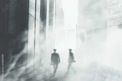 Disoriented businessmen navigate a dense fog in a grayscale cityscape, symbolizing the uncertainty of the financial world. © Martin