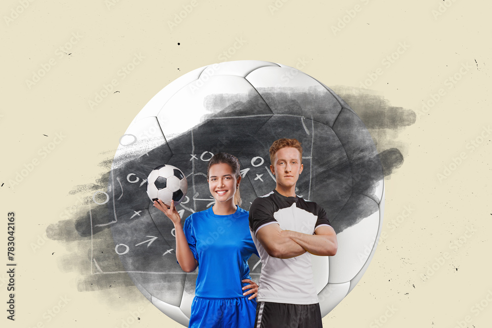 Fototapeta premium Woman and man soccer player stands in front of the chalk board with tactical scheme in soccer game. Flat design soccer sport concept.