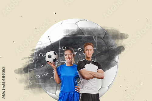 Woman and man soccer player stands in front of the chalk board with tactical scheme in soccer game. Flat design soccer sport concept.