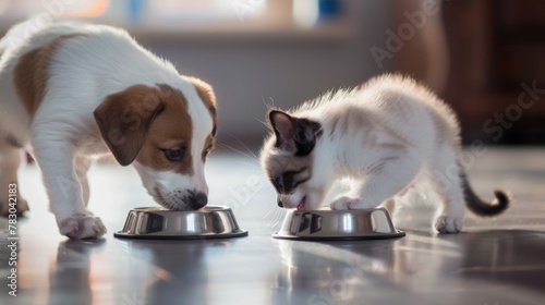 A Cat and Dog Eating Together photo