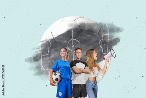 Soccer players stands in front of the chalk board with tactical scheme in soccer game. Art collage. Soccer fans with megaphone in hand celebrating on isolated background. photo