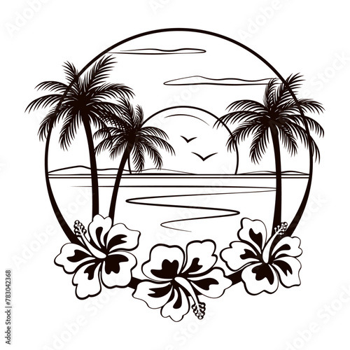 Tropical beach with beautiful sunset view and palm trees, sketch style drawing, black and white vector illustration in floral frame, isolated on white background.
