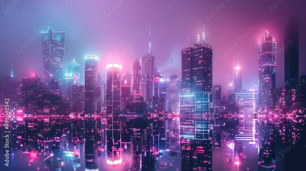Cyberpunk 3D cityscape with towering skyscrapers and neon lights