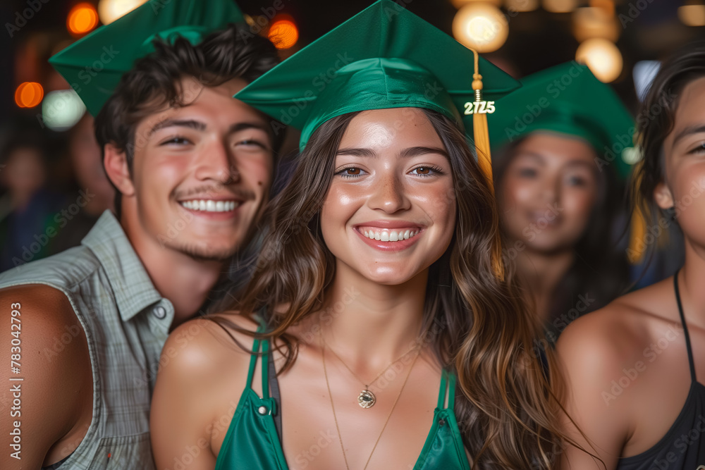 Close-up of a smiling young woman in cap and gown during graduation, surrounded by jubilant peers, embodying achievement Close-up of a smiling young woman in cap and gown during graduation, surrounded by jubilant peers, embodying achievement