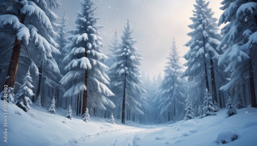 Fototapeta premium Snow-covered pine trees stand tall in a tranquil forest, with a subtle trail leading into the quiet beauty of a wintry landscape.. AI Generation