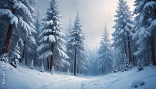 Snow-covered pine trees stand tall in a tranquil forest, with a subtle trail leading into the quiet beauty of a wintry landscape.. AI Generation