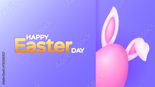 Happy Easter Holiday background design template. Pink easter egg with ears of rabbit on violet background. Vector illustration.