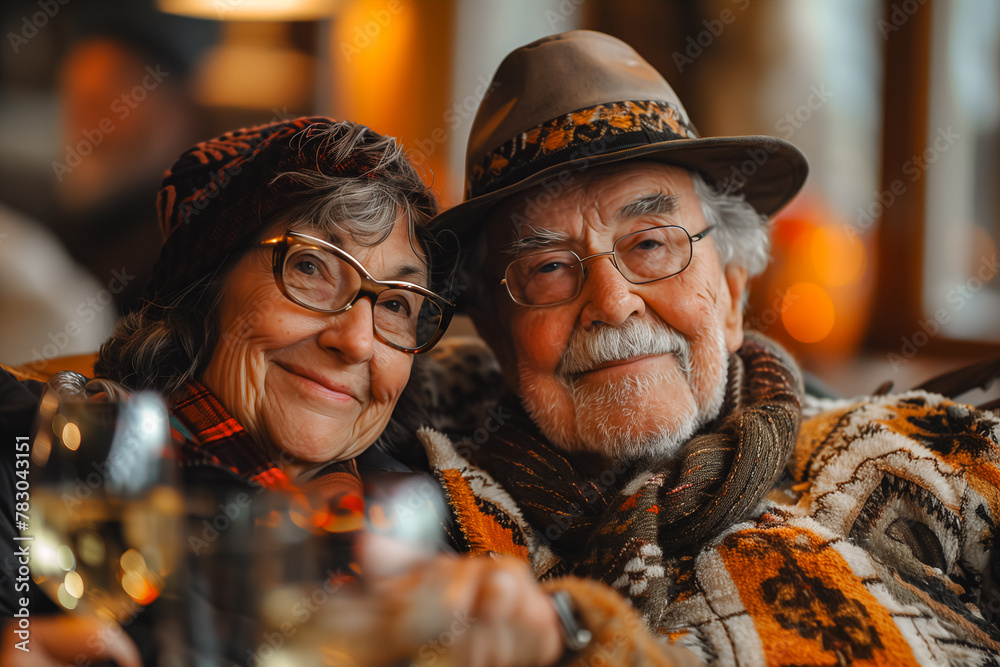 An older couple wearing hats and wrapped in a blanket, smiling warmly at the camera