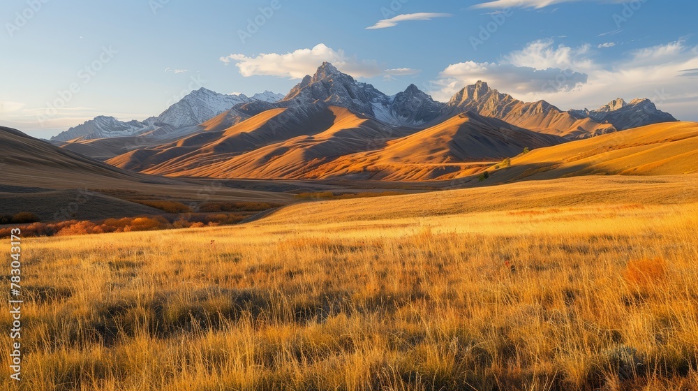 As the sun sets behind the rugged peaks, the autumn mountain pasture is bathed in a golden glow, casting long shadows that dance upon the undulating landscape.