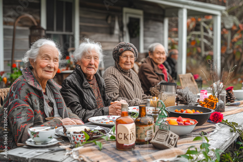 Four senior ladies share a moment of camaraderie over a meal in a homey backyard setting  representing friendship and togetherness